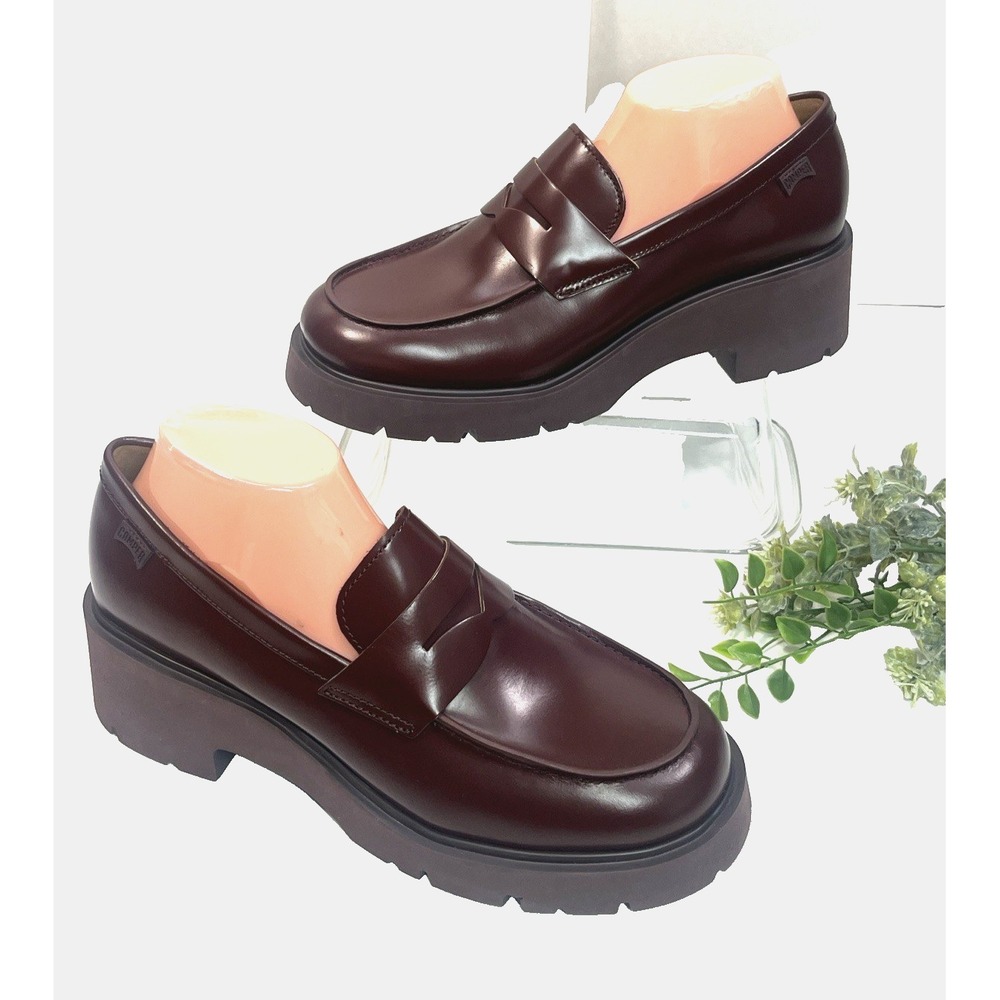 Camper Womens Milah‎ Burgundy Leather Platform Penny Loafer Size 11 Chunky New